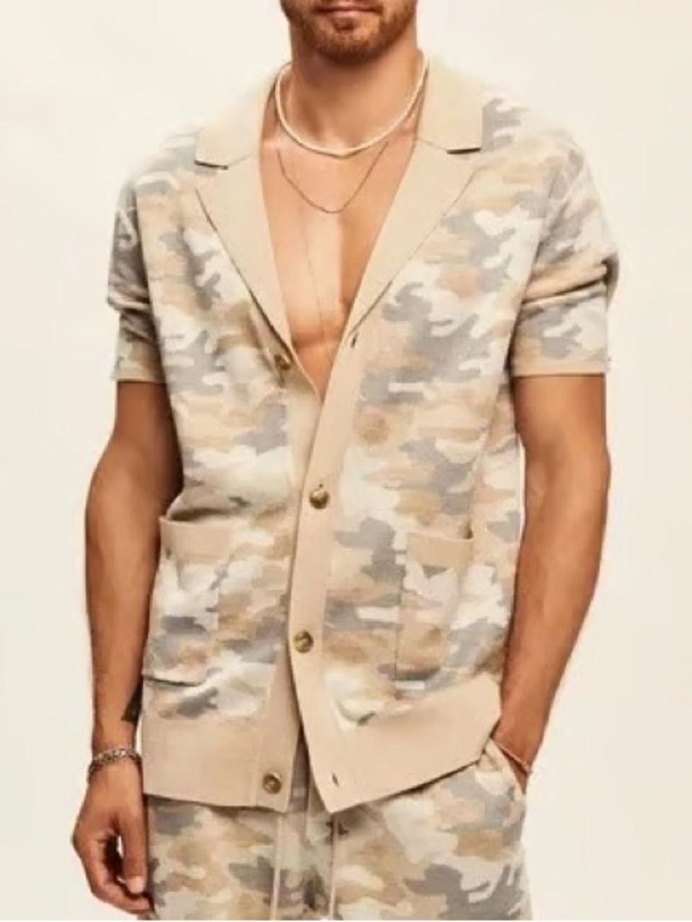 SER.O.YA neutral camo knit short sleeve cardigan / men's M